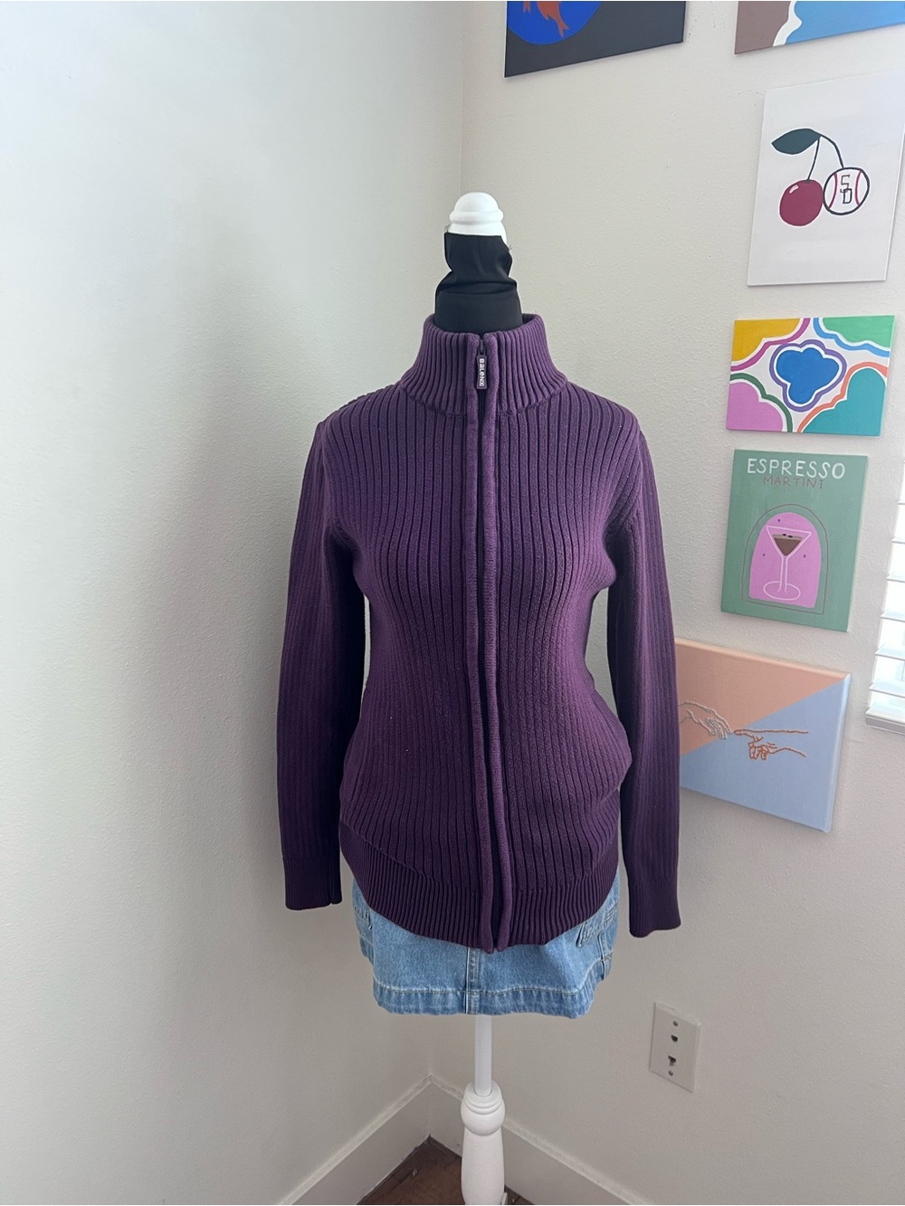Y2K Plum Purple Ribbed Zip Up Sweater Jacket Medium